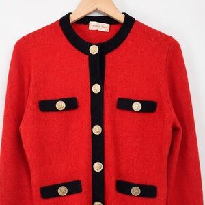 Vintage Red and Black Knit Cardigan with Coin Buttons – Medium